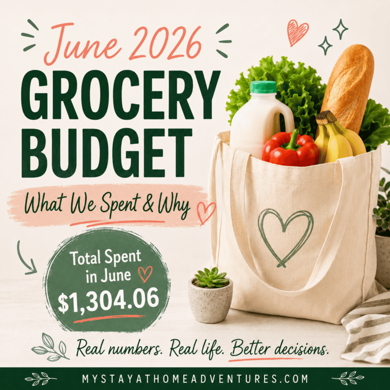 June 2026 grocery budget graphic showing a $1,304.06 total spent, with a grocery bag filled with milk, bread, bananas, lettuce, and peppers.