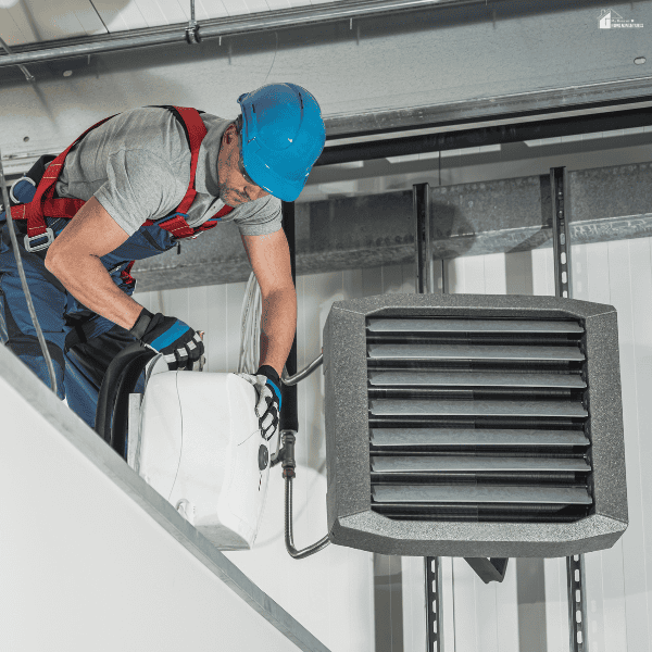 An HVAC installer works on commercial ventilation equipment during the mechanical installation phase of a new construction project.
