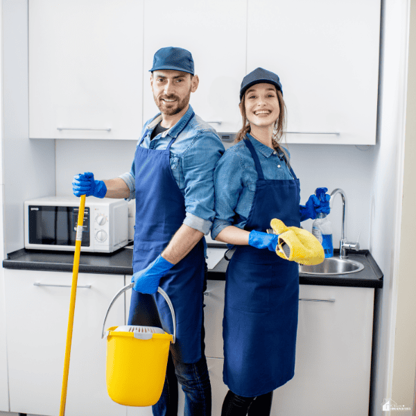 Professional cleaning team standing in a tidy kitchen with cleaning supplies, representing efficient residential cleaning services and organized workflows.