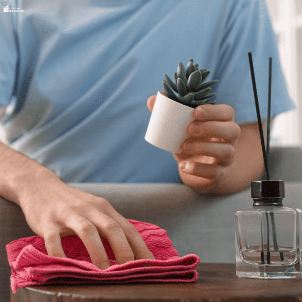Person dusting a tabletop while holding a small houseplant beside a reed diffuser, illustrating efficient home cleaning and attention to detail.