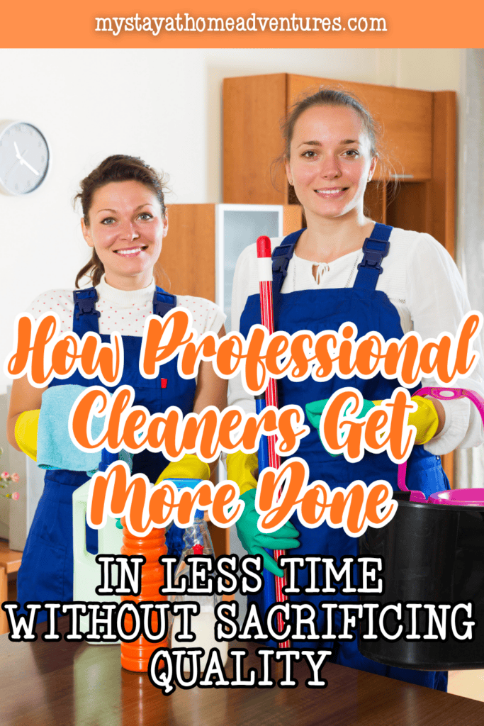 Two residential cleaners holding cleaning tools and supplies, representing efficient cleaning methods that improve productivity while maintaining high cleaning standards.