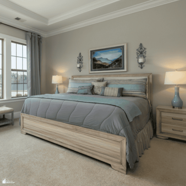 Coordinated shams and pillowcases add color, texture, and balance to a neatly styled bed in a spacious bedroom.