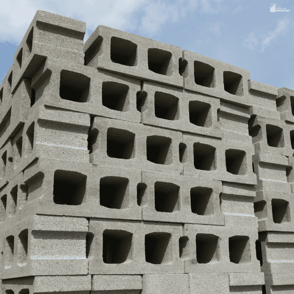 Stacked concrete masonry blocks stored at a construction site for use in large-scale commercial building projects.