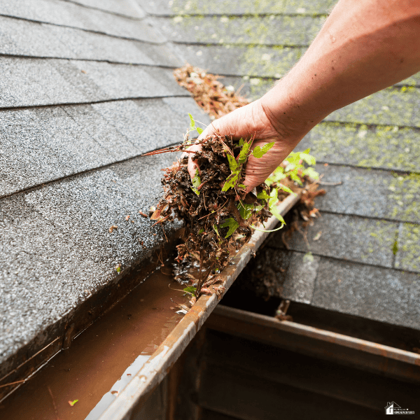 Hand clearing leaves and debris from a clogged rain gutter to restore proper drainage and prevent water damage.