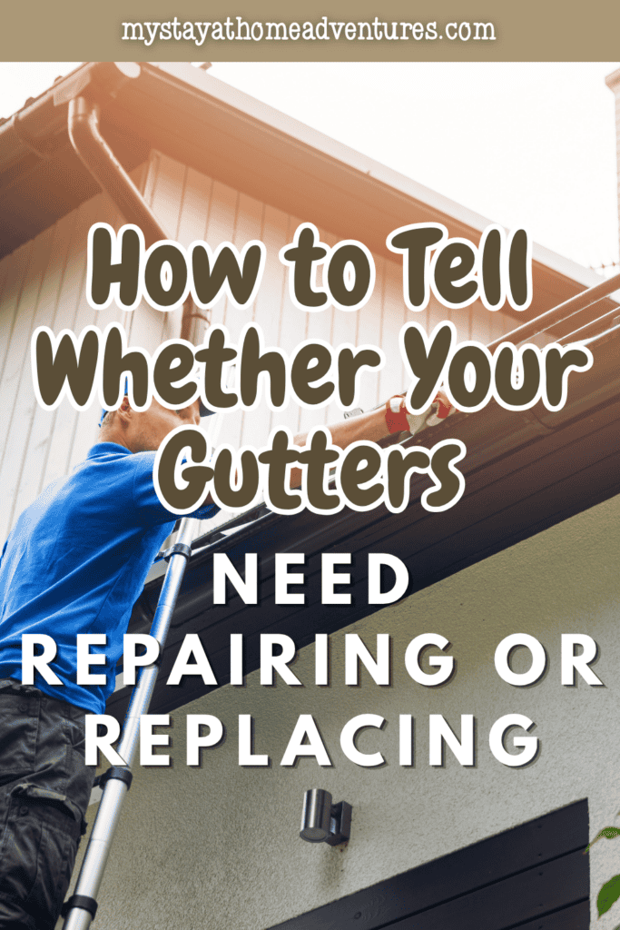 Homeowner inspecting a residential rain gutter from a ladder to identify signs of wear, damage, or replacement needs.