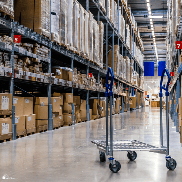 Warehouse store aisle filled with bulk products and storage pallets, illustrating bulk grocery shopping strategies for meal planning and budget-friendly food preparation.