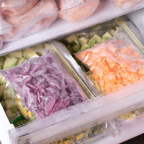 Organized freezer containing labeled bags of frozen ingredients and prepared foods, demonstrating bulk meal prep, food storage, and meal planning techniques.