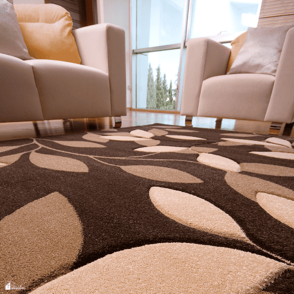 A clean living room features a patterned area rug that shows the benefits of regular carpet care and maintenance.