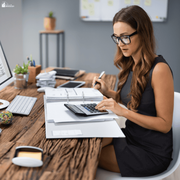 A financial consultant uses a calculator and paperwork to estimate property tax savings through cost segregation analysis.