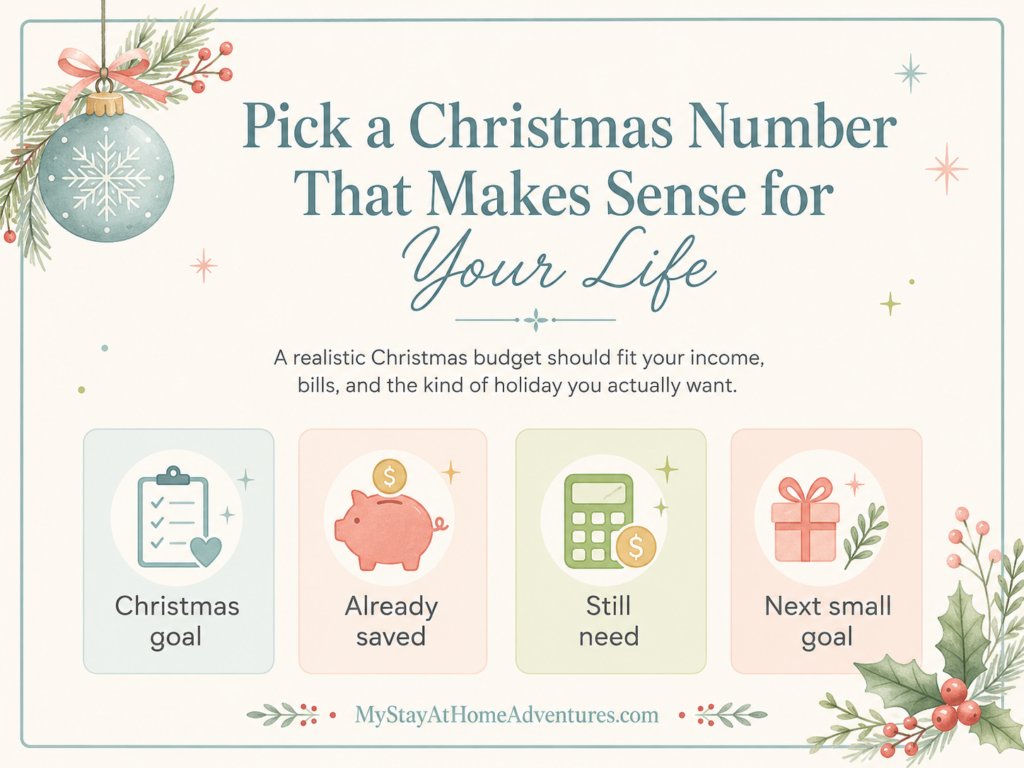 Christmas budget planning graphic showing how to choose a realistic Christmas savings goal based on income, bills, money already saved, and next savings goal.