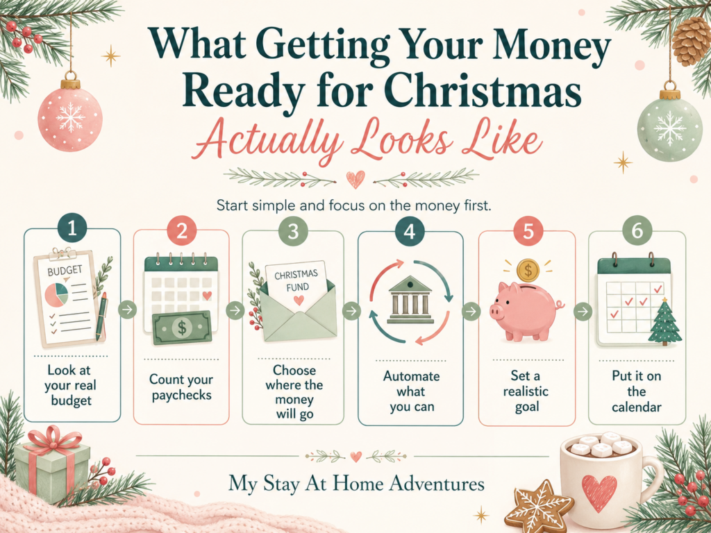 Christmas budget planning infographic showing simple steps to get your money ready for Christmas, including reviewing your budget, counting paychecks, choosing where money goes, automating savings, setting a realistic goal, and using a calendar.