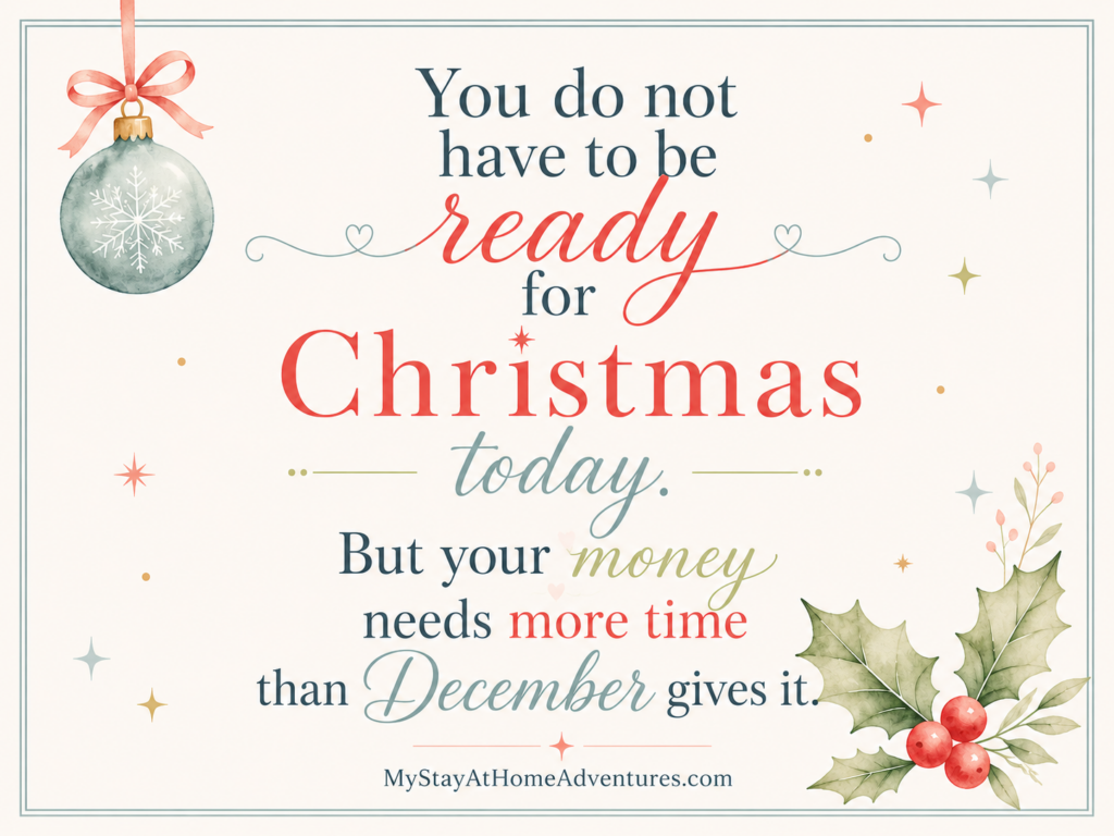 Christmas budget quote graphic with soft holiday accents, ornament, holly, and encouragement to start preparing money before December.