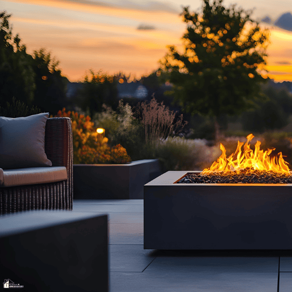 Modern outdoor fire pit surrounded by comfortable seating at sunset, showcasing a luxurious backyard upgrade that enhances outdoor entertaining.