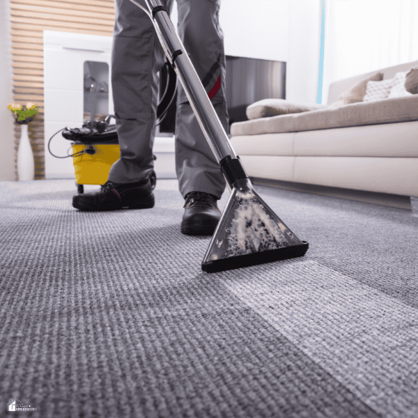 Professional performing deep carpet cleaning with an extraction machine to remove embedded dirt, allergens, and bacteria from carpet fibers.