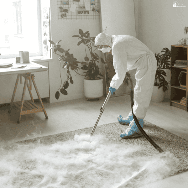 Technician using steam equipment for deep carpet cleaning to sanitize carpet fibers and improve indoor air quality.