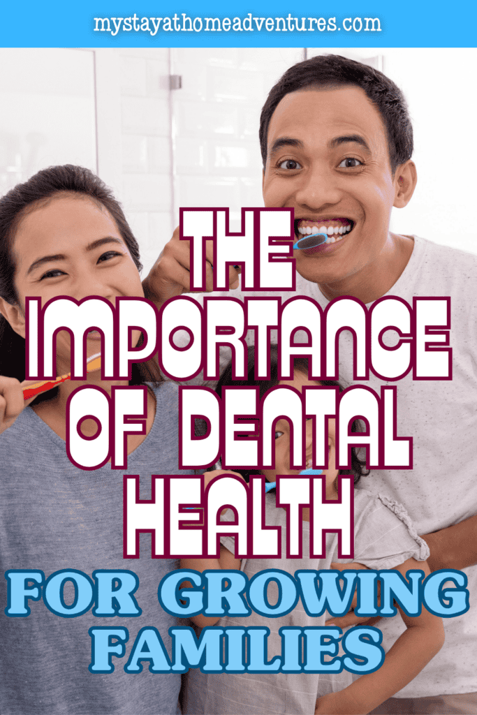Smiling family brushing their teeth together to promote good dental health and daily oral care for children and parents.