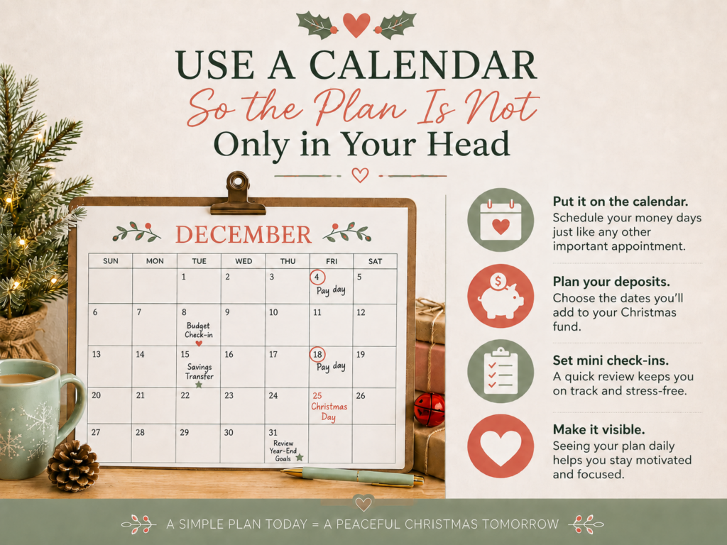 Christmas budget calendar graphic showing December 2026 paydays, savings transfers, budget check-ins, and holiday money planning reminders.