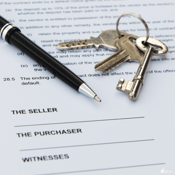 Closing documents, house keys, and a pen are prepared for signing during the final stage of a real estate transaction.