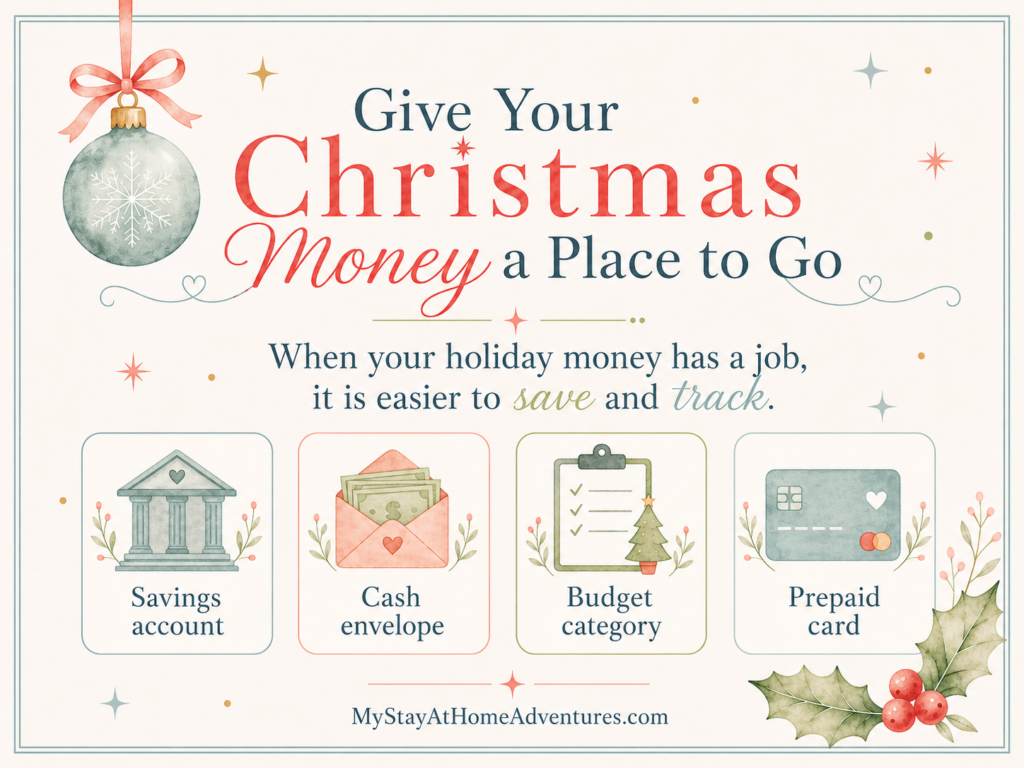 Christmas budget graphic showing holiday money options like savings account, cash envelope, budget category, and prepaid card for tracking Christmas savings.