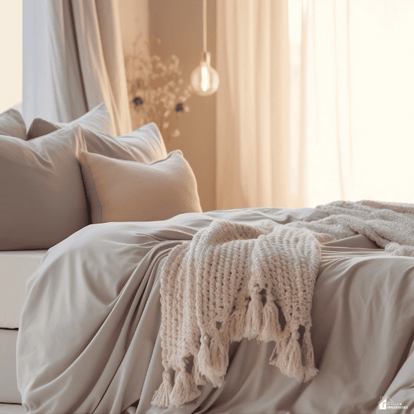 A neatly made bed with soft bedding in a cool, calming bedroom highlights the comfort of staying warm while sleeping.