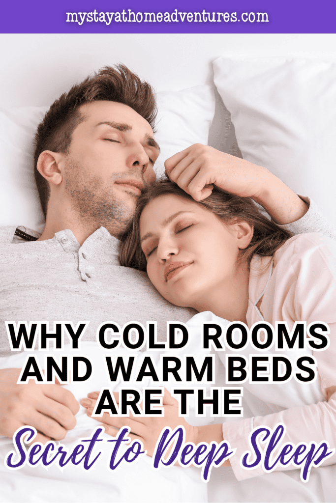 A couple rests comfortably under warm bedding in a cool bedroom, showing a sleep environment that supports deeper, more restorative rest.