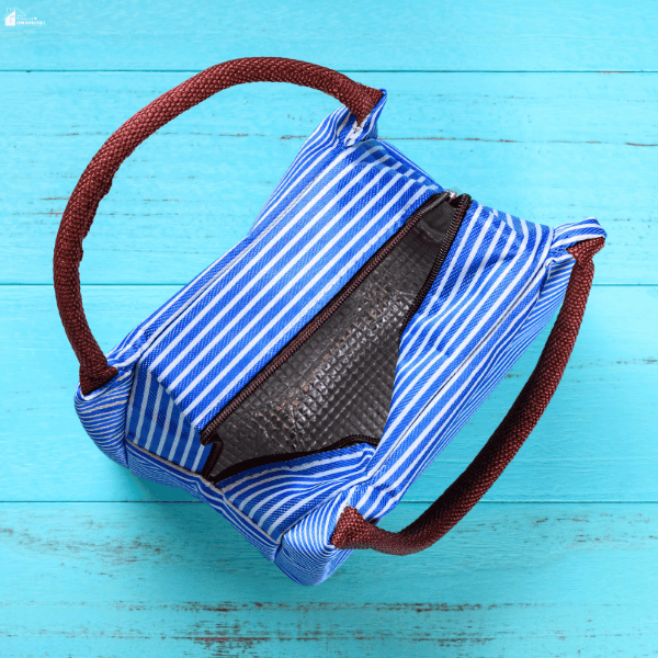 Open blue striped insulated lunch tote showing its thermal lining and sturdy handles for carrying packed meals.