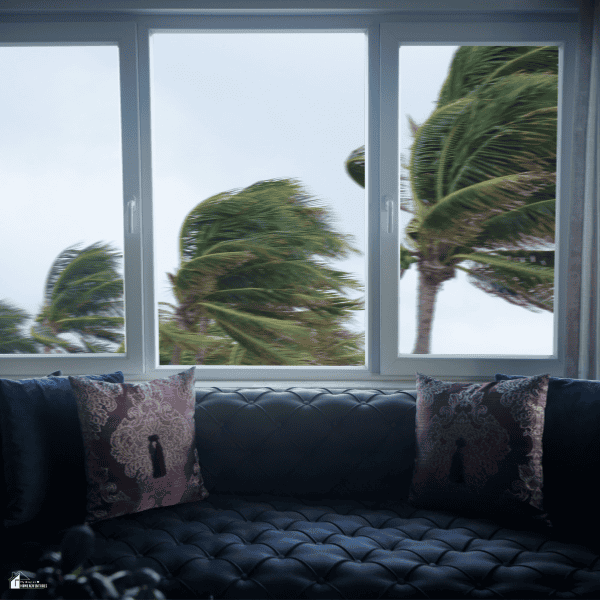 Palm trees bending in strong winds outside a home’s windows, showing severe weather conditions during storm season.