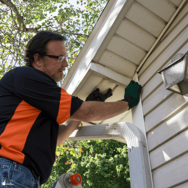 Homeowner working from a ladder on exterior trim near the roofline, showing a budget-friendly maintenance project that can improve curb appeal.