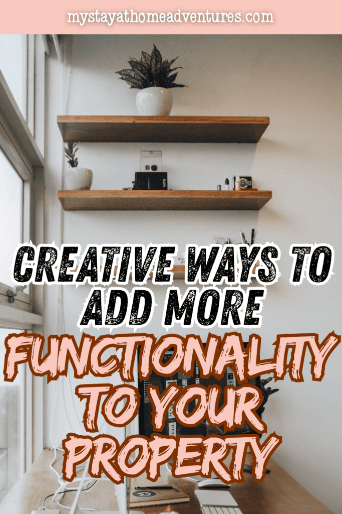 Compact home workspace with floating shelves, a desk, and plants that makes efficient use of a small area for added functionality.
