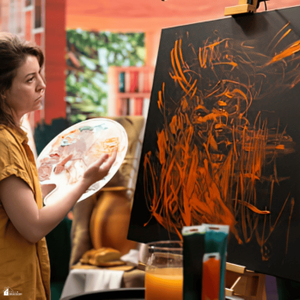 Artist working on a large expressive painting in a studio, representing the creative process behind Aboriginal artwork and its documented origins.