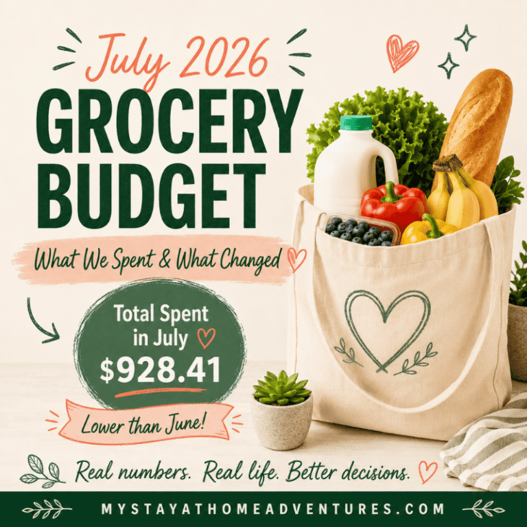 Reusable grocery bag filled with milk, bread, lettuce, bananas, peppers, and blueberries beside a small succulent for a July family grocery budget update.