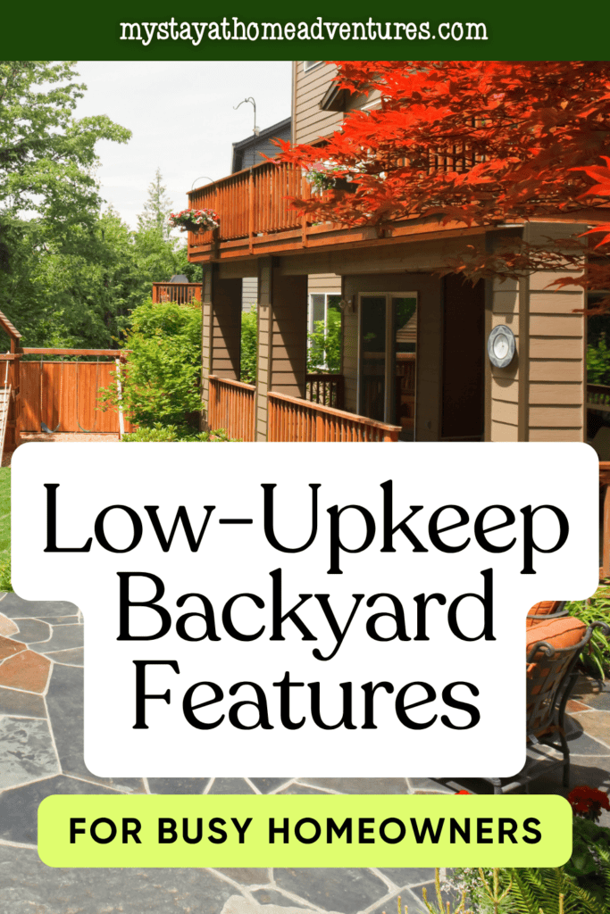 Backyard features include a wooden deck, stone patio, mature landscaping, garden beds, and outdoor living areas designed for easier upkeep.