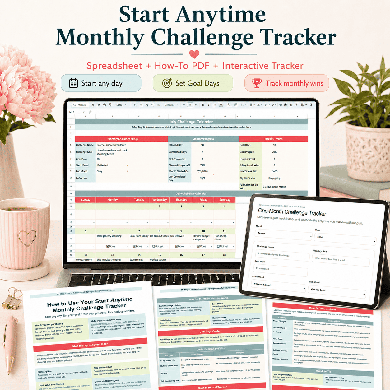 Monthly Challenge Bundle with the spreadsheet, helpful how-to PDF, and interactive tracker
