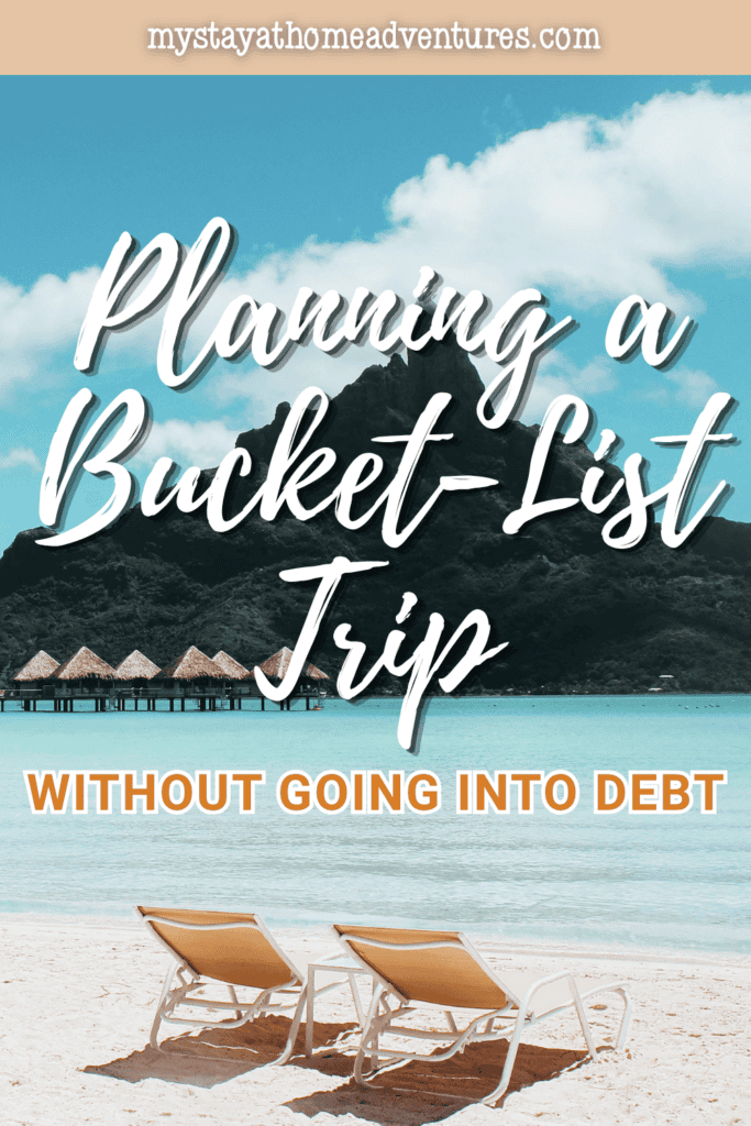 A tropical beach with overwater bungalows and lounge chairs highlights a dream vacation planned with smart budgeting and careful saving.
