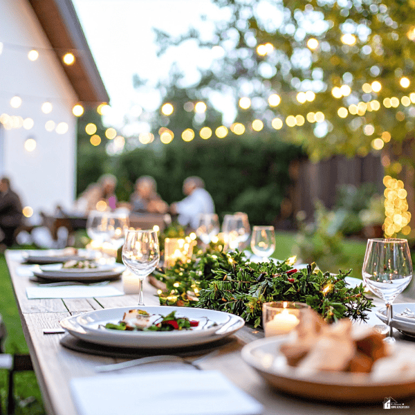 Outdoor dining table set with plates, wine glasses, greenery, candles, and string lights for a comfortable backyard meal.
