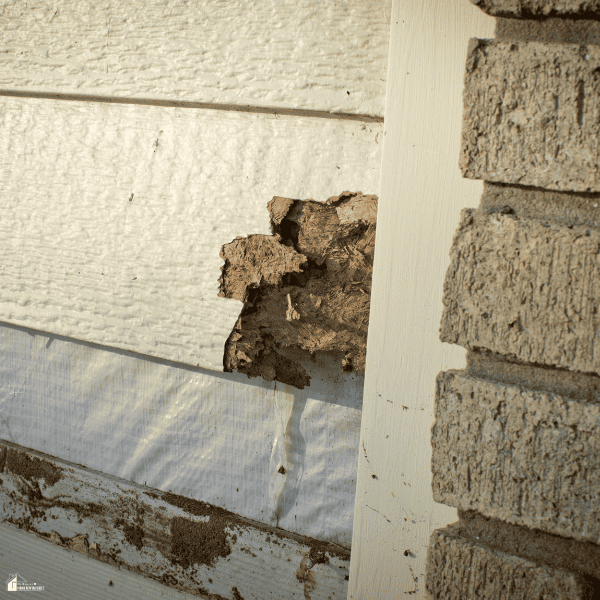 Close-up of damaged exterior siding with rotted wood that may need repair before putting a home on the market.