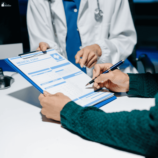 A patient reviews medical documents with a healthcare professional while discussing care, highlighting informed decisions and potential medical negligence concerns.