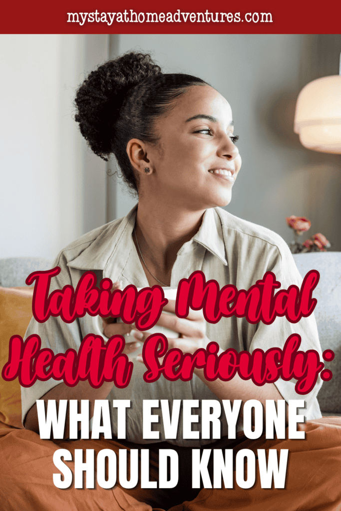 Smiling woman sitting comfortably at home with a warm drink, representing self-care, emotional wellness, and positive mental health.