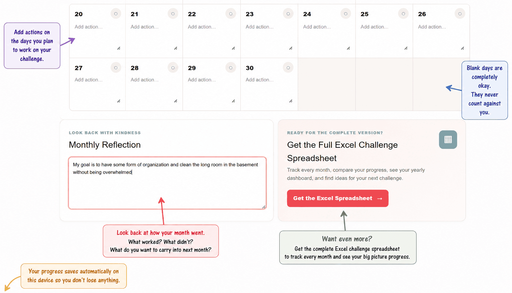 Interactive challenge tracker showing blank days, the monthly reflection, and the complete spreadsheet option