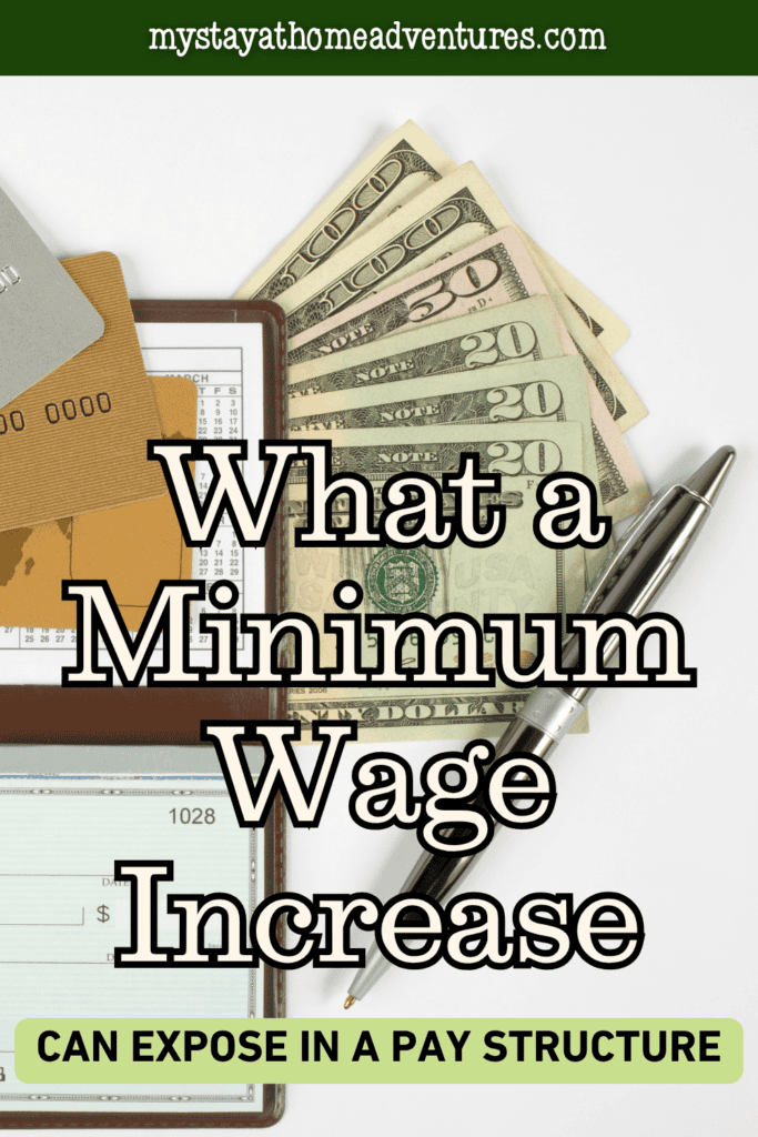 U.S. currency, paycheck, calendar, and financial items representing how a minimum wage increase can affect wages and workplace pay structures.