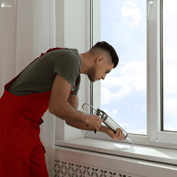 Home improvement professional applying sealant around a white window frame to improve insulation, prevent drafts, and maintain window performance.