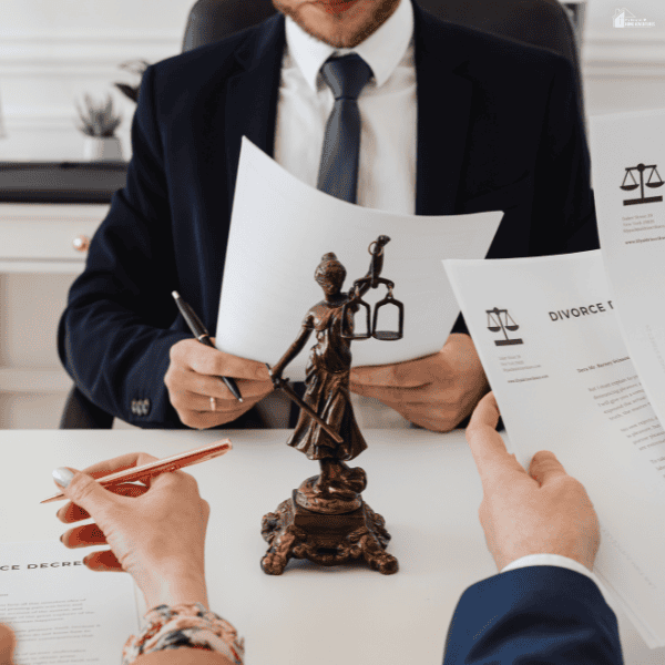 Three people review legal documents together while considering priorities related to major personal and financial decisions.