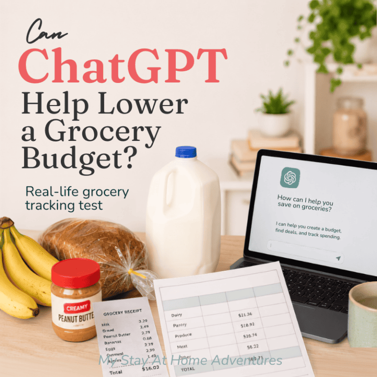 Square blog graphic showing groceries, a grocery budget tracker, receipt, and laptop with a ChatGPT-style screen for a real-life grocery budget tracking test.