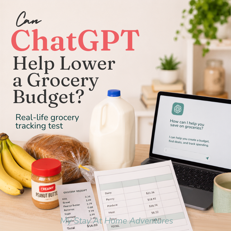 Square blog graphic showing groceries, a grocery budget tracker, receipt, and laptop with a ChatGPT-style screen for a real-life grocery budget tracking test.