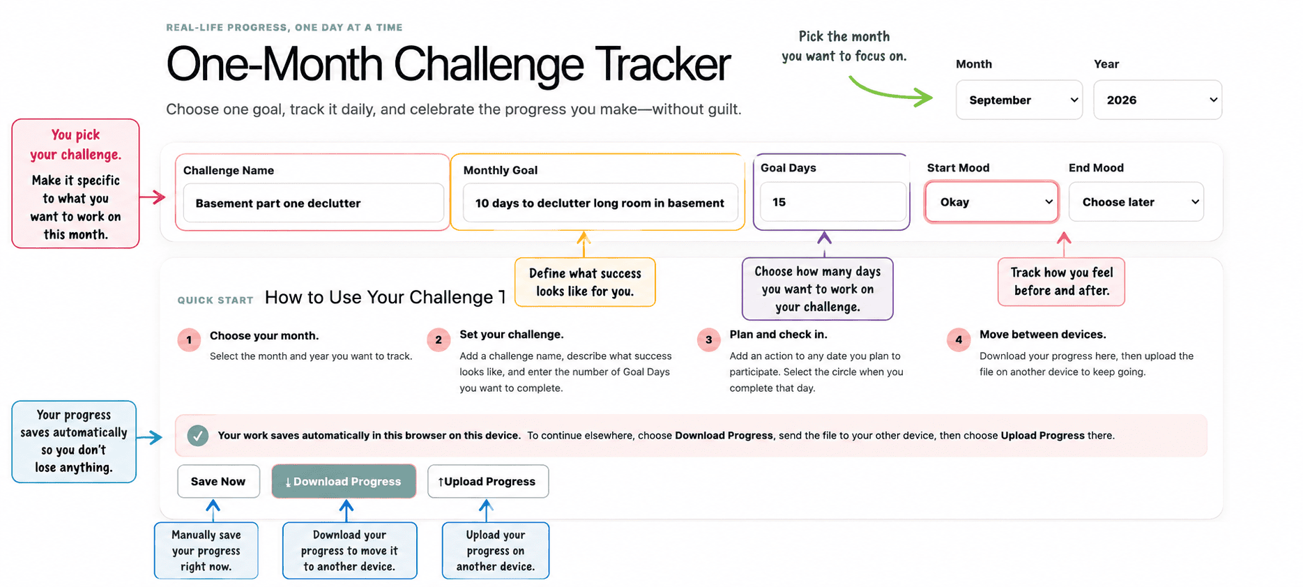 Interactive One-Month Challenge Tracker showing the challenge setup, Goal Days, mood selections, and progress backup controls