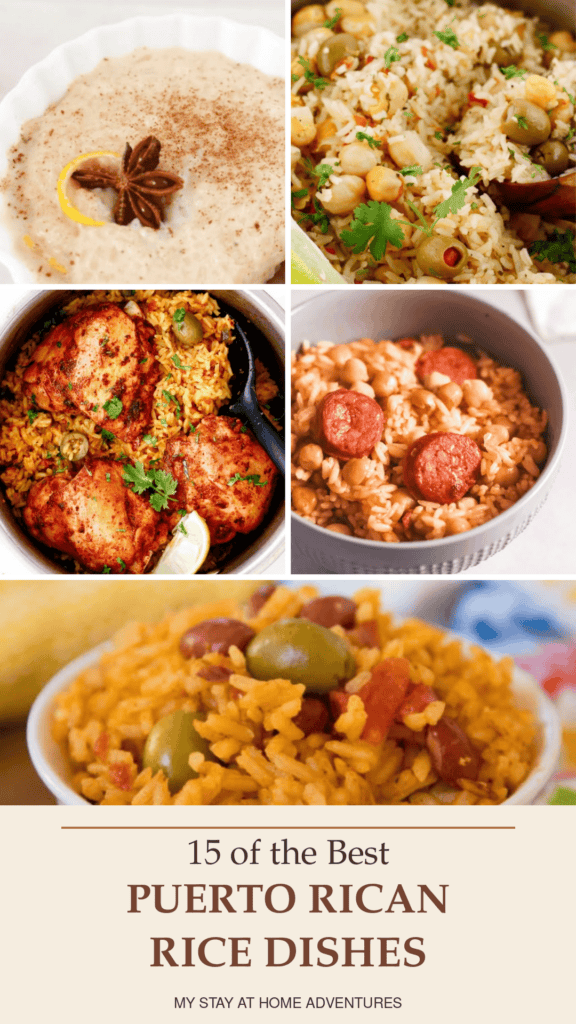 The collage features Puerto Rican rice favorites such as arroz con pollo, arroz con gandules, sausage with chickpeas, and creamy arroz con leche.