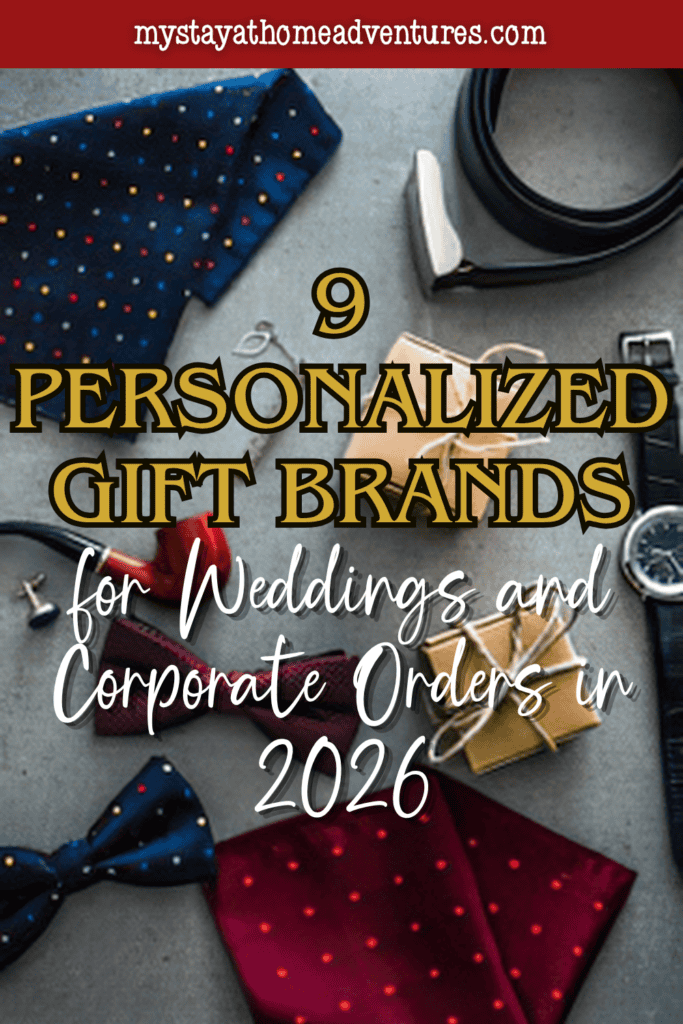 Bow ties, a belt, a watch, and wrapped packages are arranged as examples of personalized gifts for groups and events.