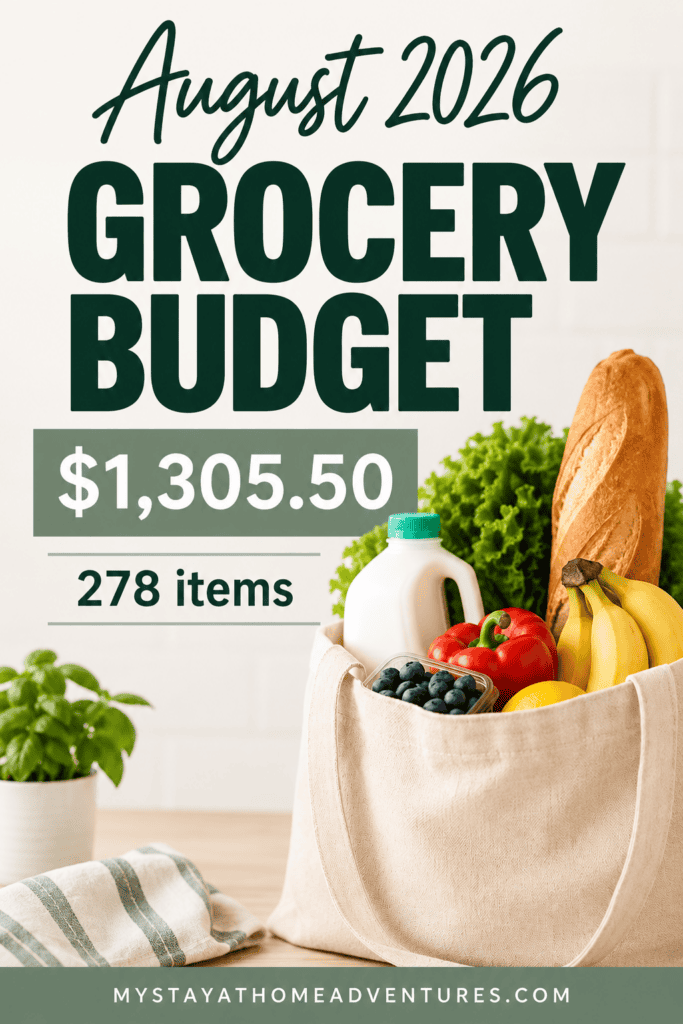 August 2026 grocery budget graphic showing $1,305.50 spent on 278 items, with a reusable grocery bag filled with milk, bread, lettuce, bananas, blueberries, and peppers.