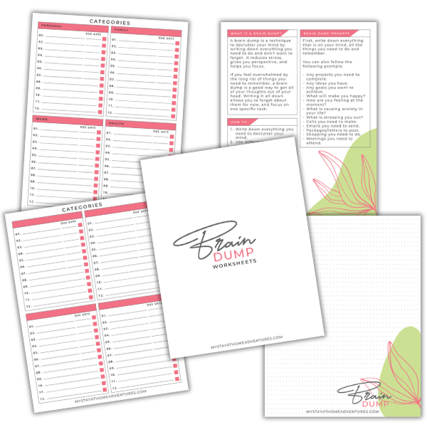 Brain dump printable worksheets with prompts, task categories, due dates, and a dotted page for organizing thoughts and to-do lists.