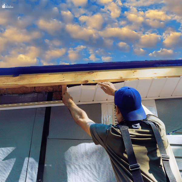 Worker installing or repairing white soffit panels beneath the roof eaves of a house with exposed wood along the roofline.